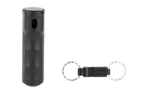 Pepper spray and keychain with safety release