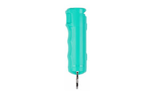 Turquoise pepper spray with keychain attachment.