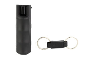 Black pepper spray with keychain accessory.