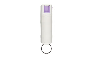 White keychain pepper spray with purple cap.