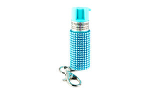 Blue rhinestone pepper spray with keychain attachment.