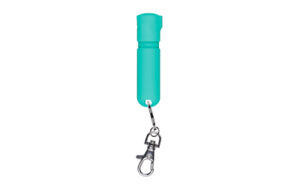 Teal keychain pepper spray canister with clip.