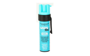 Pepper spray gel canister in turquoise color.