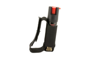 Black pepper spray with hand strap for security.