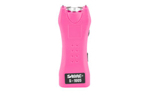 Pink self-defense stun gun with branding label.