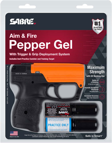 Pepper gel spray with trigger and grip system.