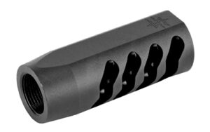 Black firearm muzzle brake with slotted design