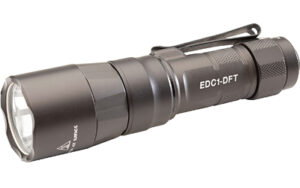 Tactical black flashlight with clip side view