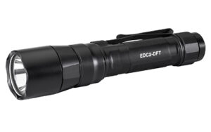 Black tactical flashlight with clip