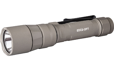 Gray tactical flashlight with clip attachment