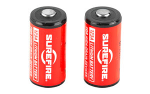 Two Surefire CR123A lithium batteries, red and black.
