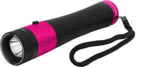 Pink and black flashlight with wrist strap.