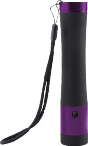 Purple and black flashlight with wrist strap.