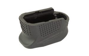 Black firearm magazine grip extension for better handling.