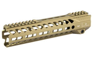 Tan rifle handguard with rails and cutouts.