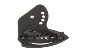 Black metal bracket with circular cutouts