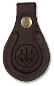 Brown leather key holder with embossed logo.