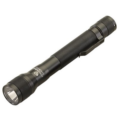 Black tactical flashlight with clip