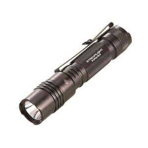 Black tactical flashlight with clip and textured grip.