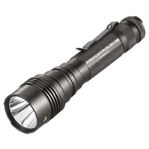 Black tactical flashlight with clip