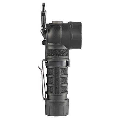 Black tactical handheld flashlight with clip