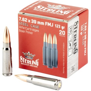 Sterling Exclusive Steel Cased 7.62x39 Rifle Ammo - 123 Grain | FMJ | 1000rd Case