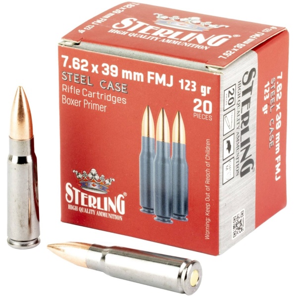 Sterling Exclusive Steel Cased 7.62x39 Rifle Ammo - 123 Grain | FMJ | 1000rd Case