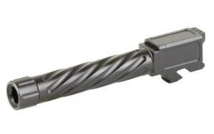 Black spiral-fluted handgun barrel.