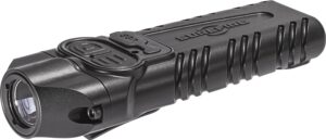 Black tactical flashlight with textured grip