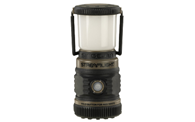 Portable camping lantern with black handle and white light.