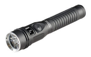 Black handheld LED flashlight with textured grip