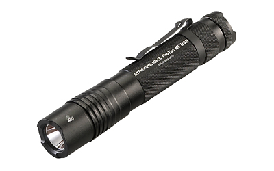 Black tactical flashlight with clip, isolated view.