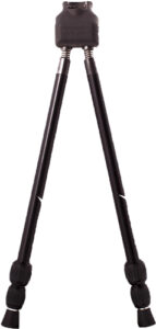 Black bipod with adjustable legs for stability.