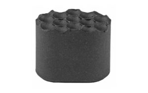 Circular black pellet with honeycomb design.
