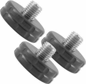 Three threaded rubber leveling feet for furniture.