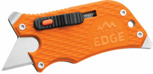 Orange utility knife with safety lock feature.