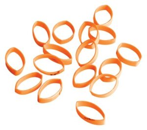 Orange rubber bands scattered on white background
