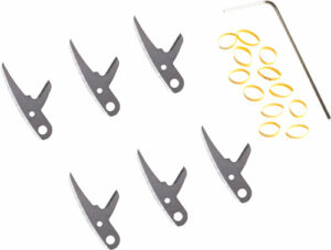 Knife blades, rubber bands, and a hex key tool.