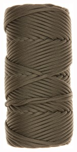 Brown rope spool, tightly wound and cylindrical.