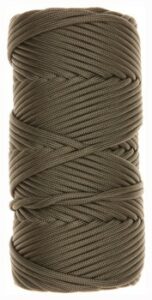 Brown paracord rope bundle, tightly coiled.