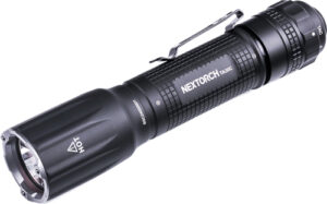 Black tactical flashlight with clip