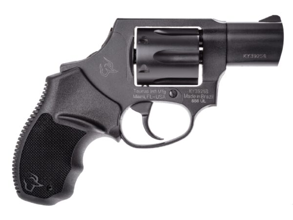 Black revolver with ergonomic grip and cylinder.
