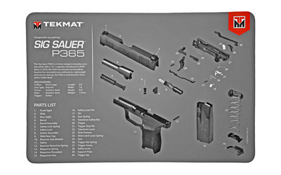 Sig Sauer P365 gun parts diagram on mat.