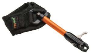 Orange archery release with black strap and logo.
