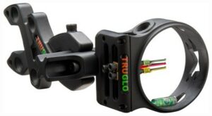 Archery sight with fiber optic pins and level.