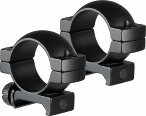 Black scope rings for mounting optics on firearms.