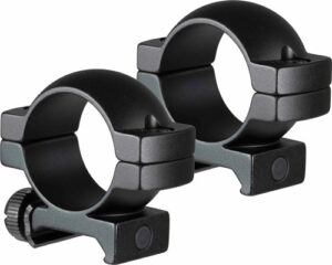 Black scope mounting rings for rifles.