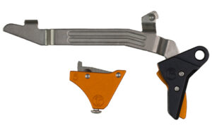 Rifle trigger kit components on white background.