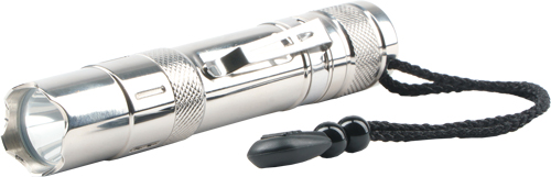 Silver flashlight with black wrist strap