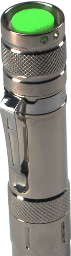 Metal flashlight with green button